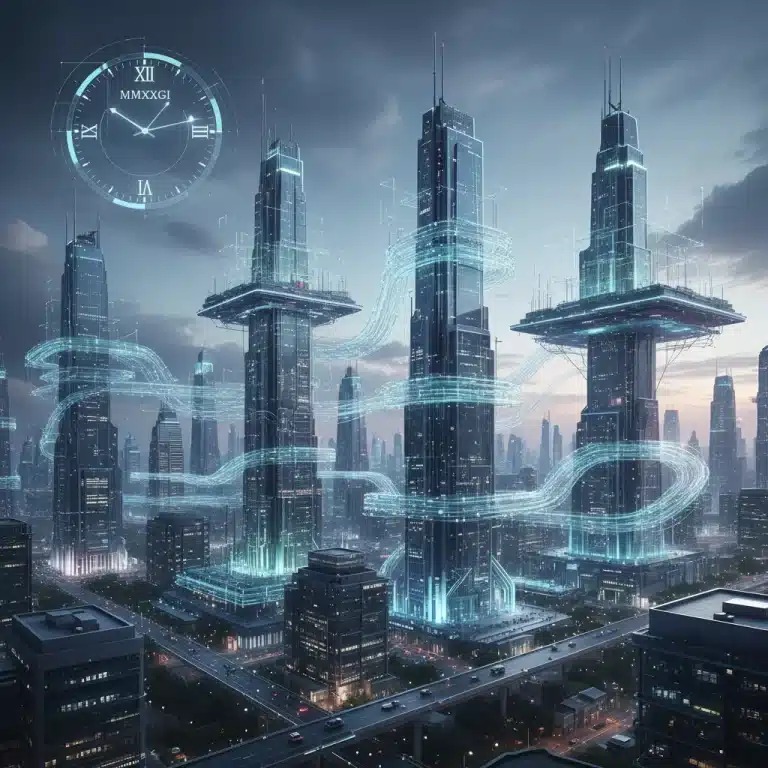 Futuristic digital city with data streams and 2026 clock, symbolizing platform compliance.