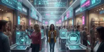 Futuristic retail store with customers making fast digital payments