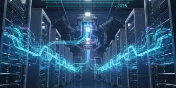 Futuristic server room with data streams and performance indicators for platform optimization