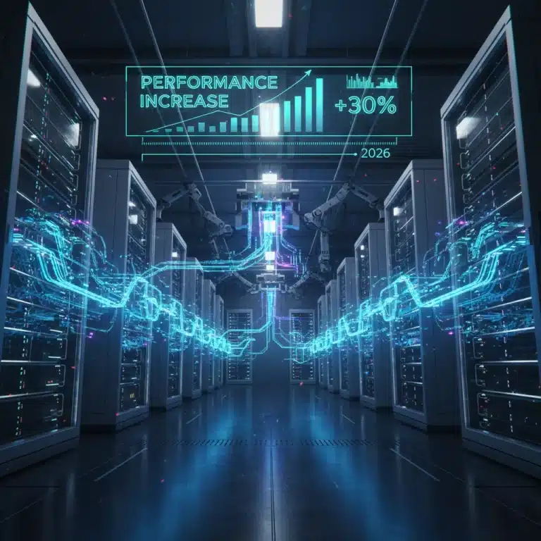 Futuristic server room with data streams and performance indicators for platform optimization