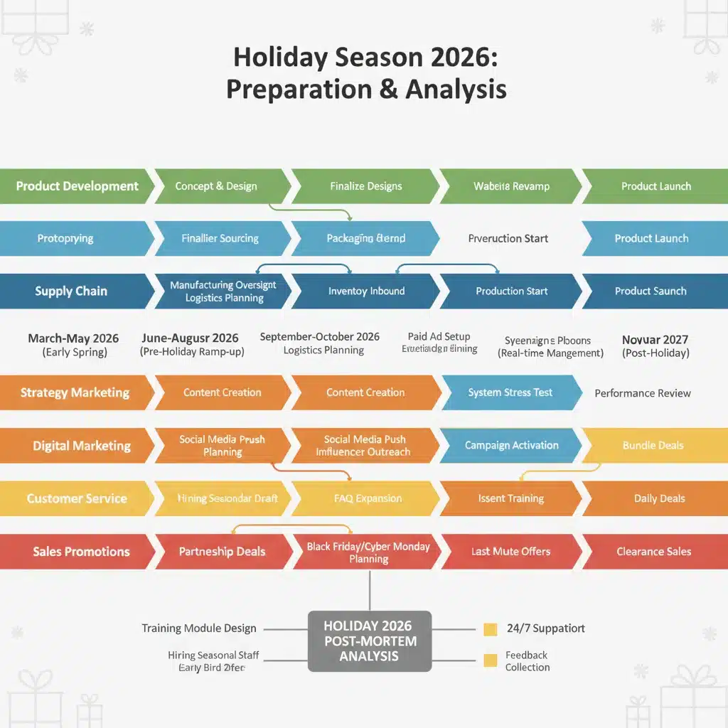 Comprehensive timeline of holiday season marketing and operational milestones for 2026