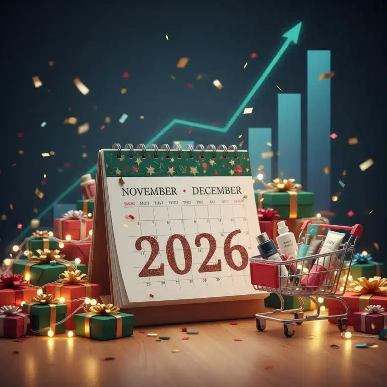 Strategic calendar for Holiday Season 2026 planning with festive decorations and revenue growth charts