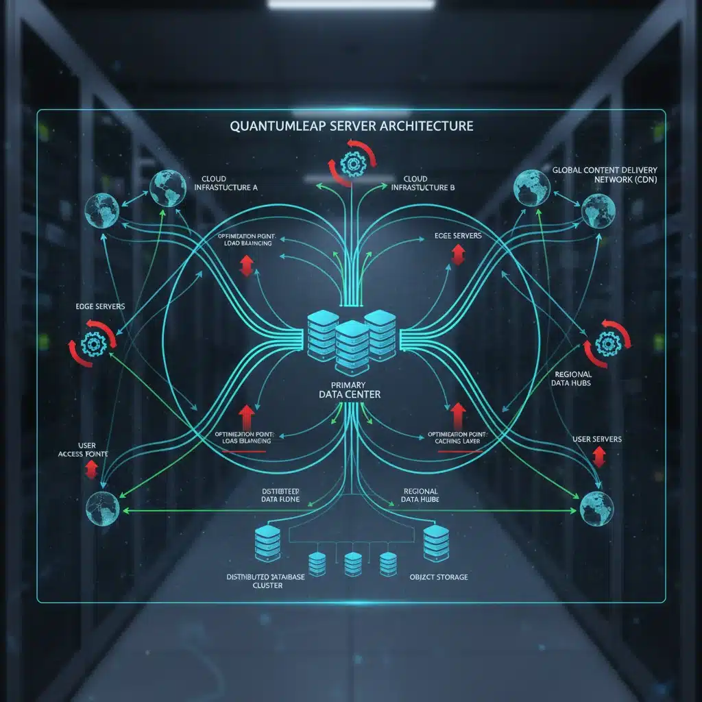 Intricate network diagram showing interconnected servers and cloud infrastructure for optimized performance