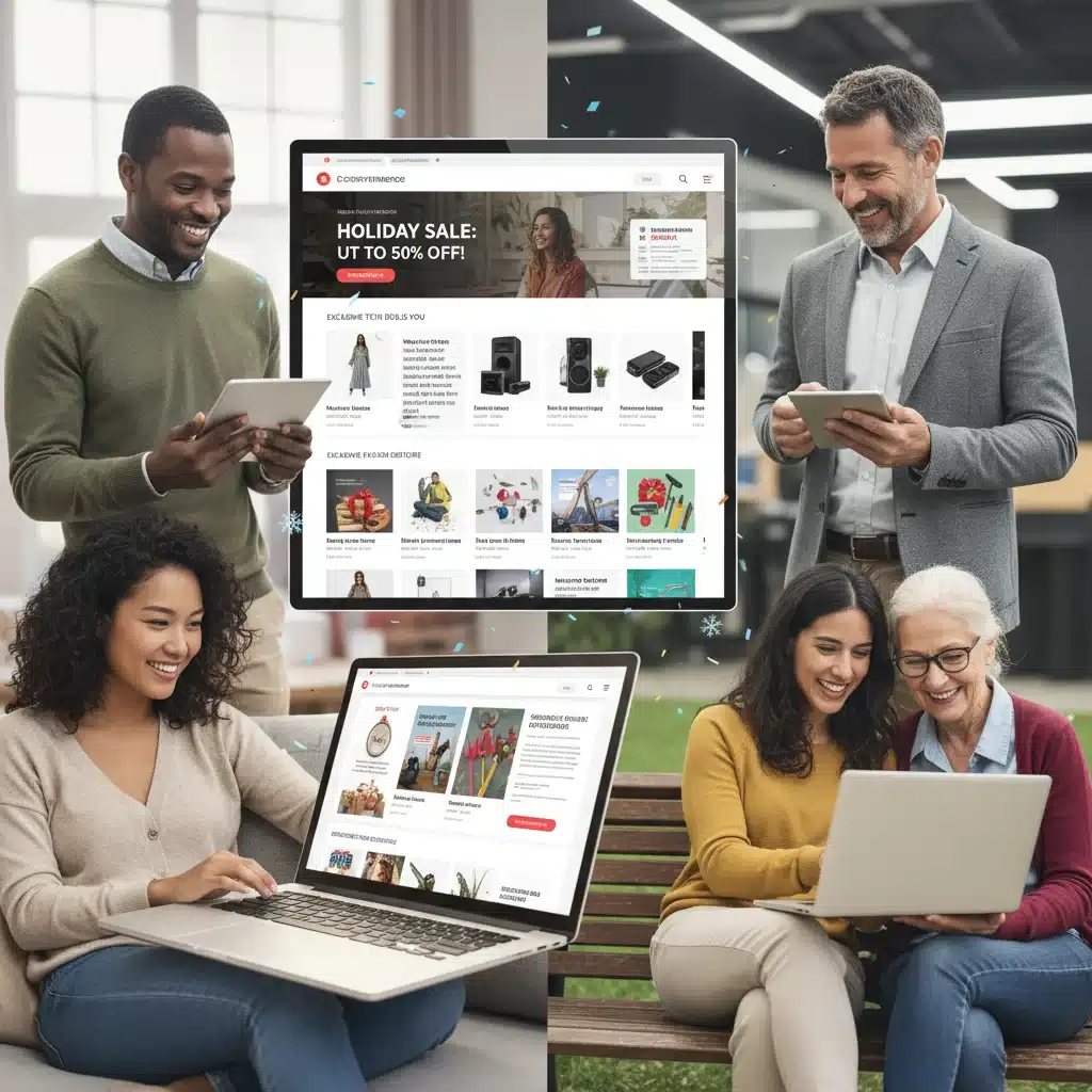 Diverse customers engaging with personalized e-commerce holiday offers on multiple devices