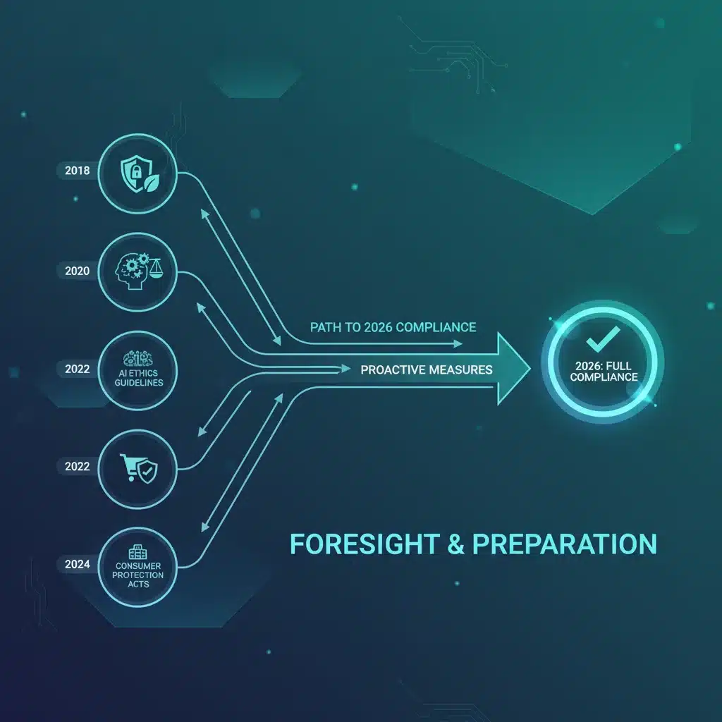 Infographic timeline of regulatory milestones for data privacy, AI, and cybersecurity up to 2026.