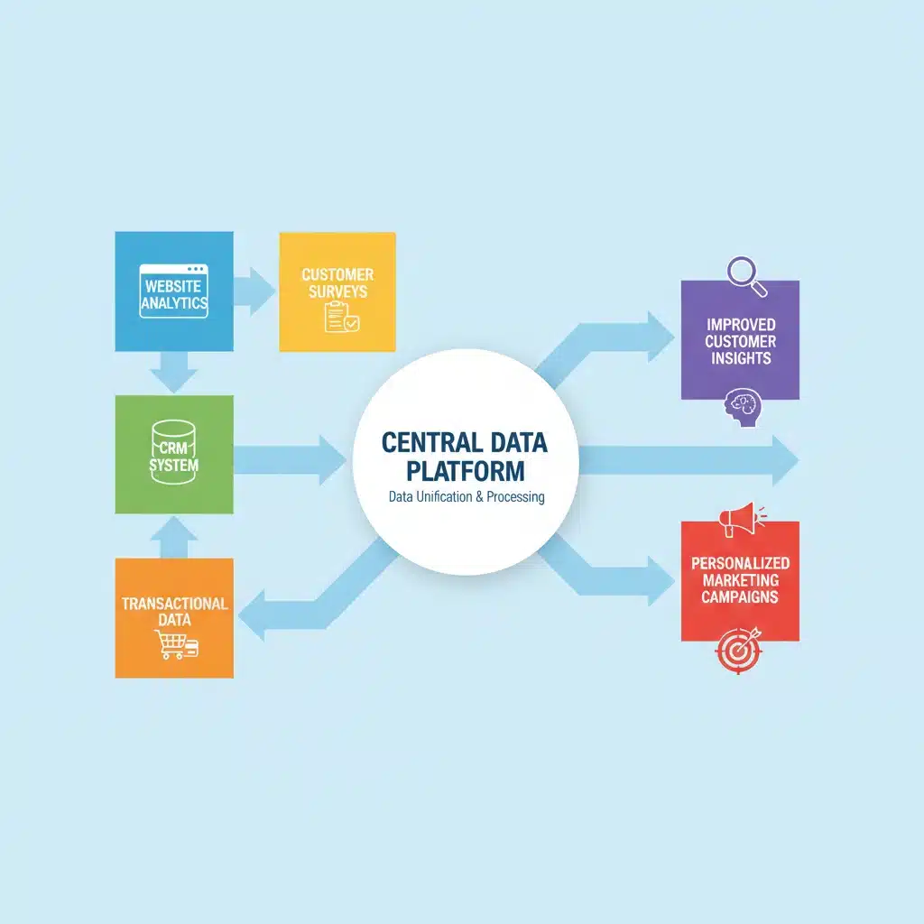Infographic showing various sources of first-party data flowing into a unified customer profile.