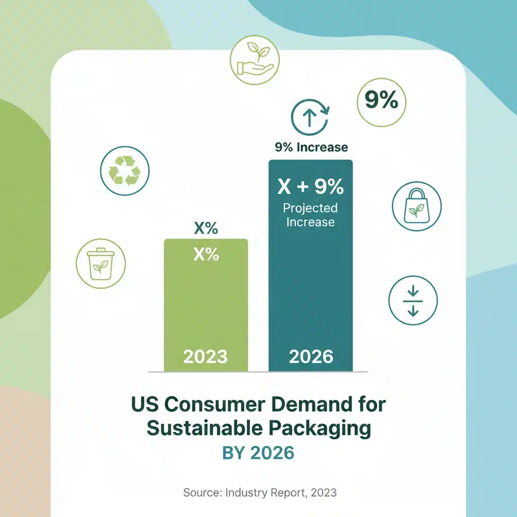 Infographic showing a 9% projected increase in US consumer demand for sustainable packaging by 2026, with eco-friendly icons.