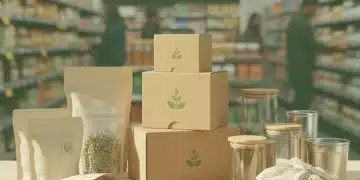 Diverse sustainable packaging materials displayed prominently in a modern retail setting, symbolizing eco-friendly consumer choices.