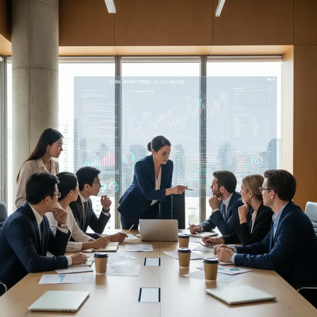 Business team collaborating on a data report in a conference room, discussing insights.