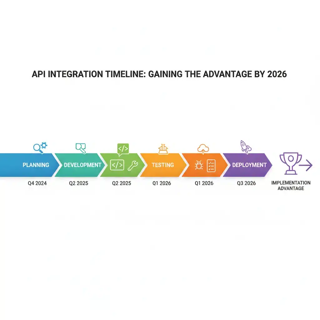 Timeline graphic showing API integration project milestones leading to 2026 advantage