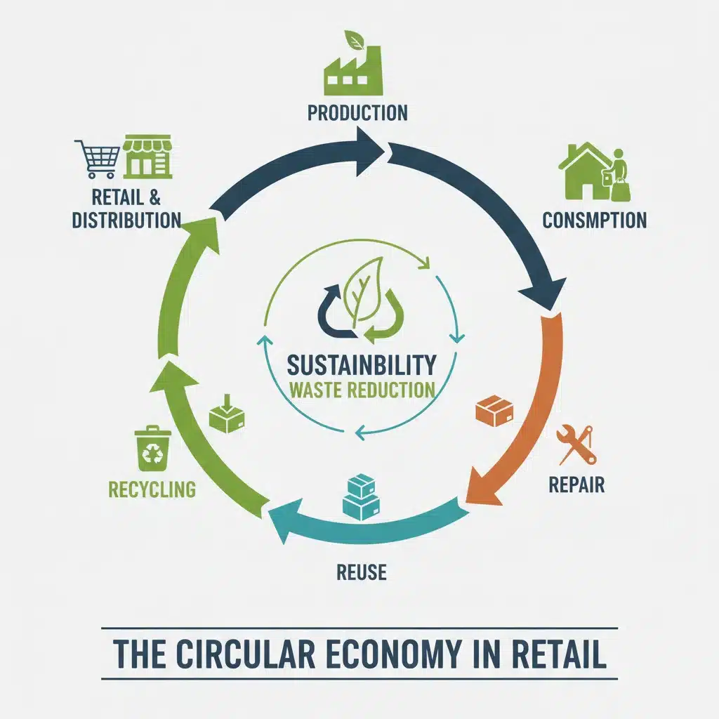 Diagram illustrating a circular economy model in retail, emphasizing sustainability and resource reuse.