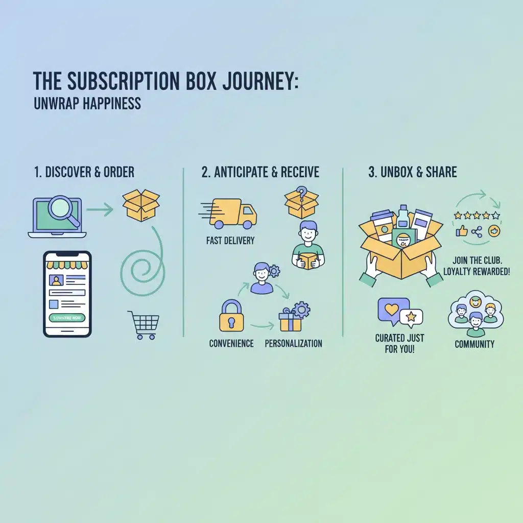 Infographic illustrating the customer journey and benefits of subscription boxes