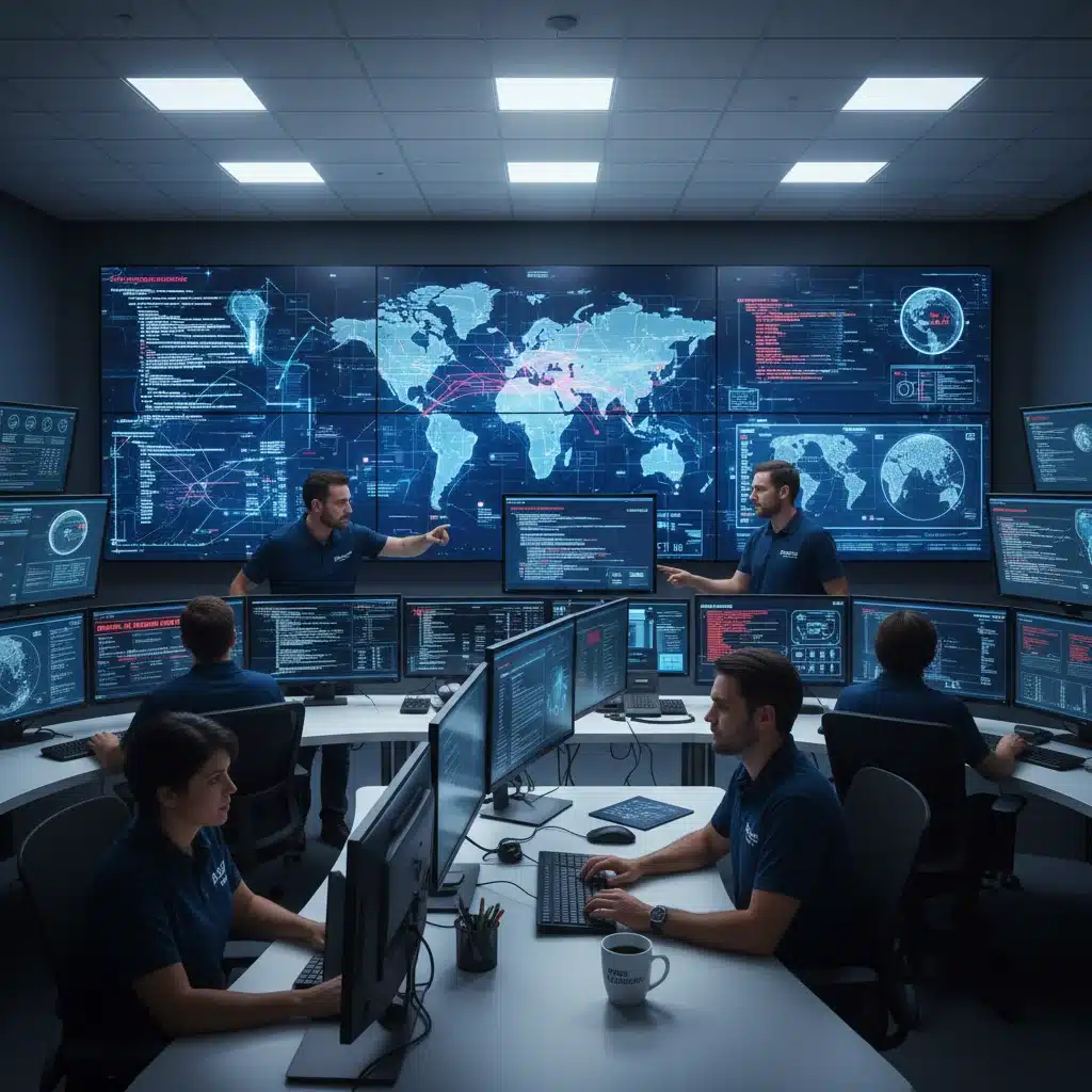 Cybersecurity team monitoring threat alerts in a control room.