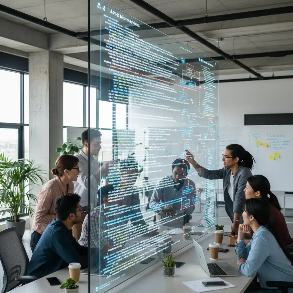 Developers collaborating on API integration strategy and code on an interactive screen