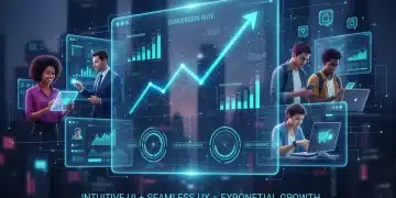 Futuristic platform UI UX interface with growth charts and diverse users