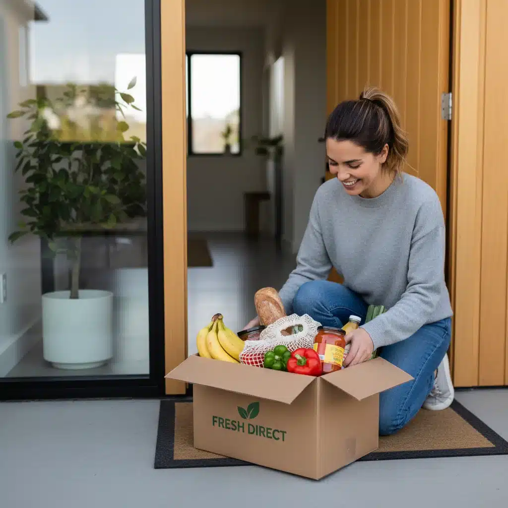 Person unpacking a home delivered box of fresh groceries, emphasizing convenience.