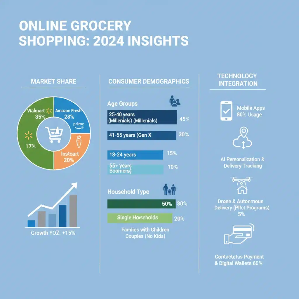Infographic detailing online grocery market share, consumer demographics, and technology integration.