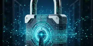 Advanced digital padlock securing a network, representing platform security protocols.