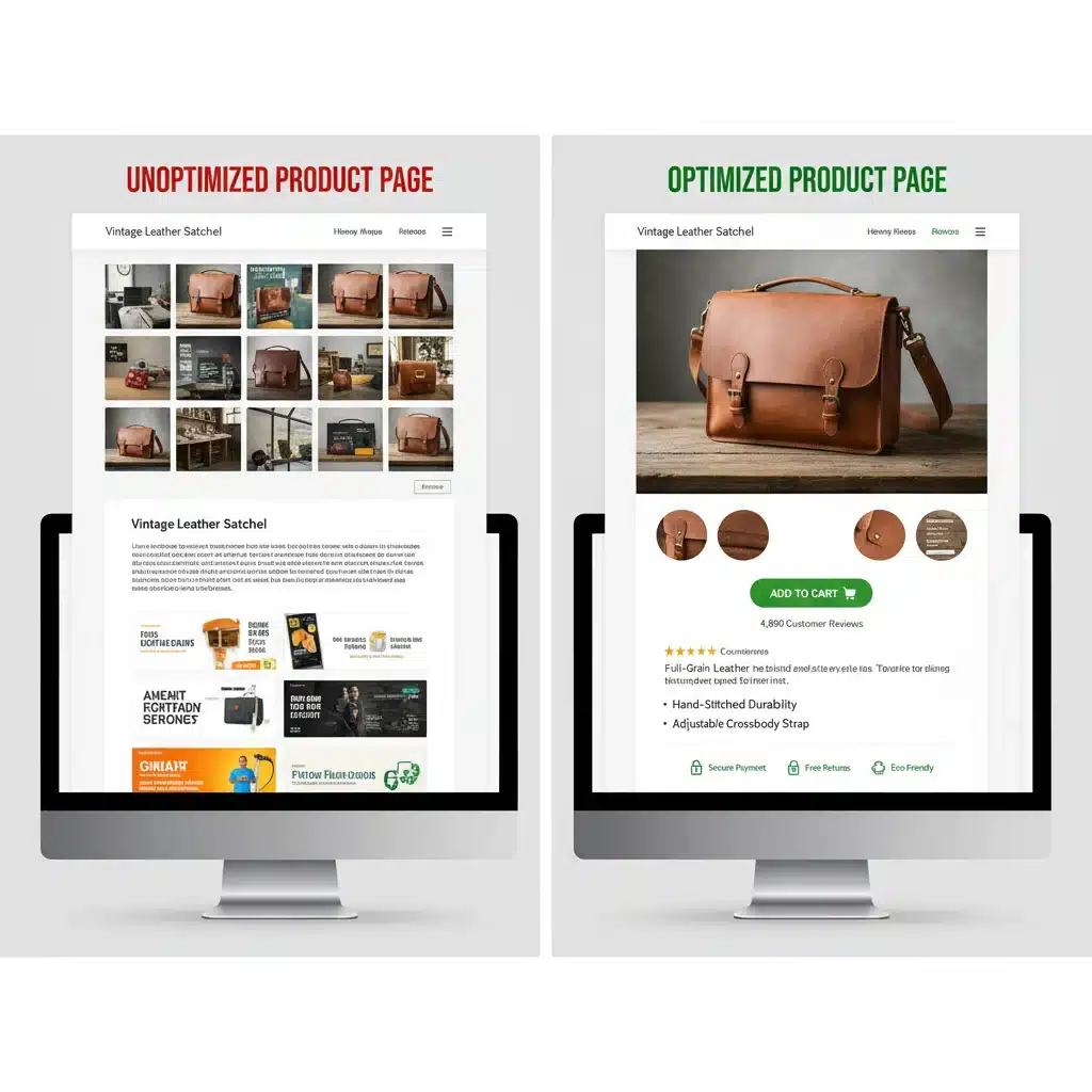 Comparison of unoptimized versus optimized e-commerce product page