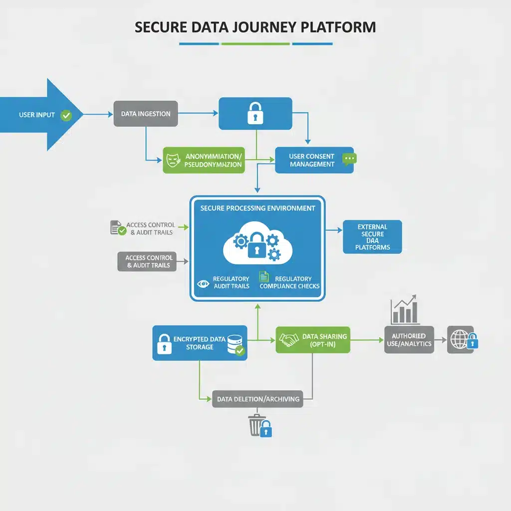 Data flow diagram with encryption and anonymization points