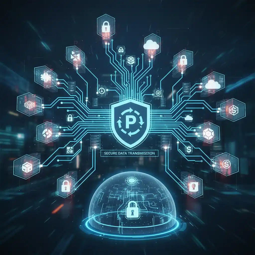Data flowing through secure channels with encryption symbols.