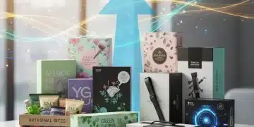 Diverse subscription boxes arranged with an upward trend arrow indicating market growth