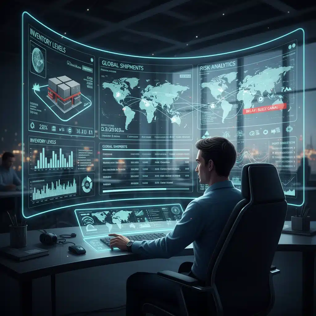 Supply chain control tower displaying real-time logistics data and analytics for proactive management.