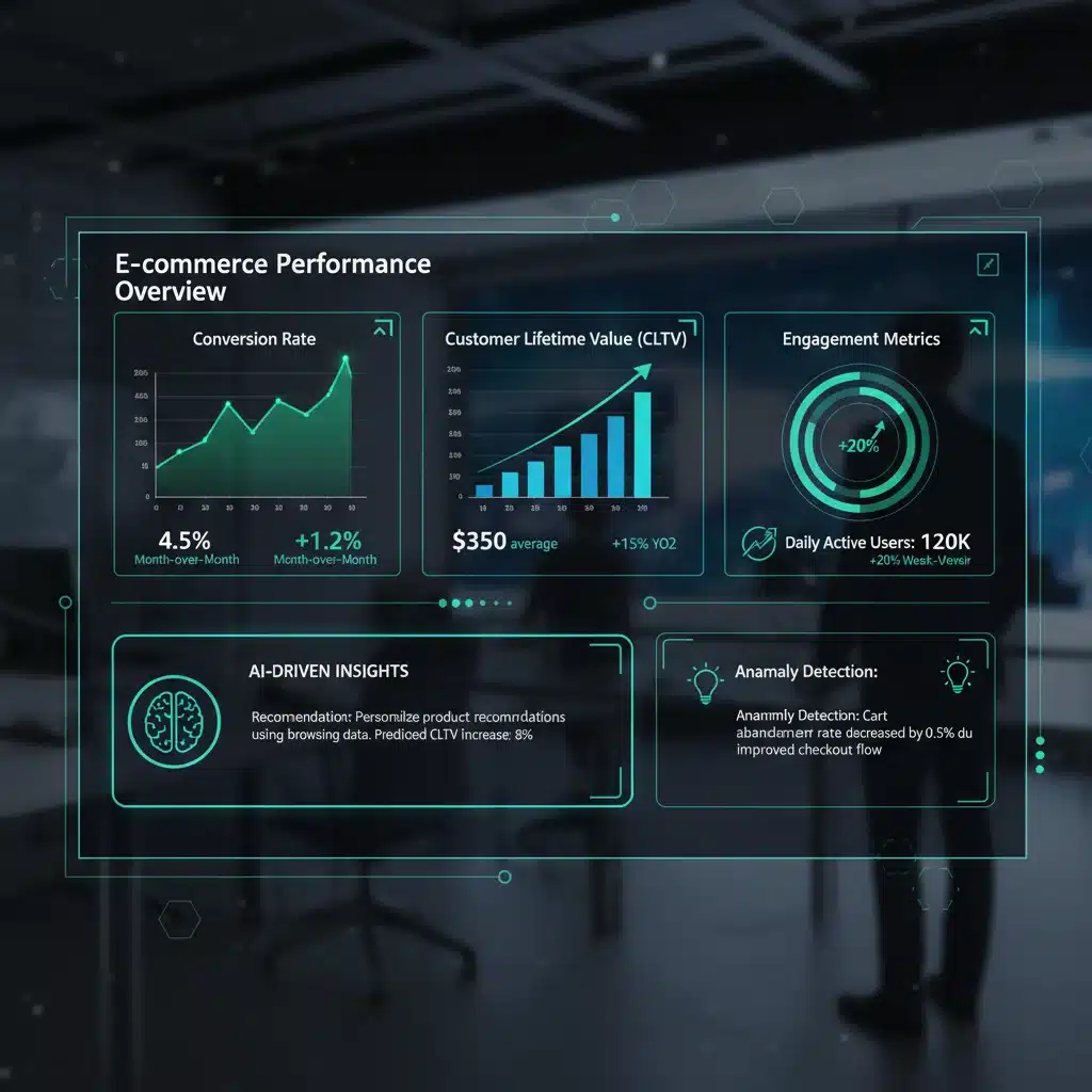 AI analytics dashboard showing increased conversion rates and KPIs