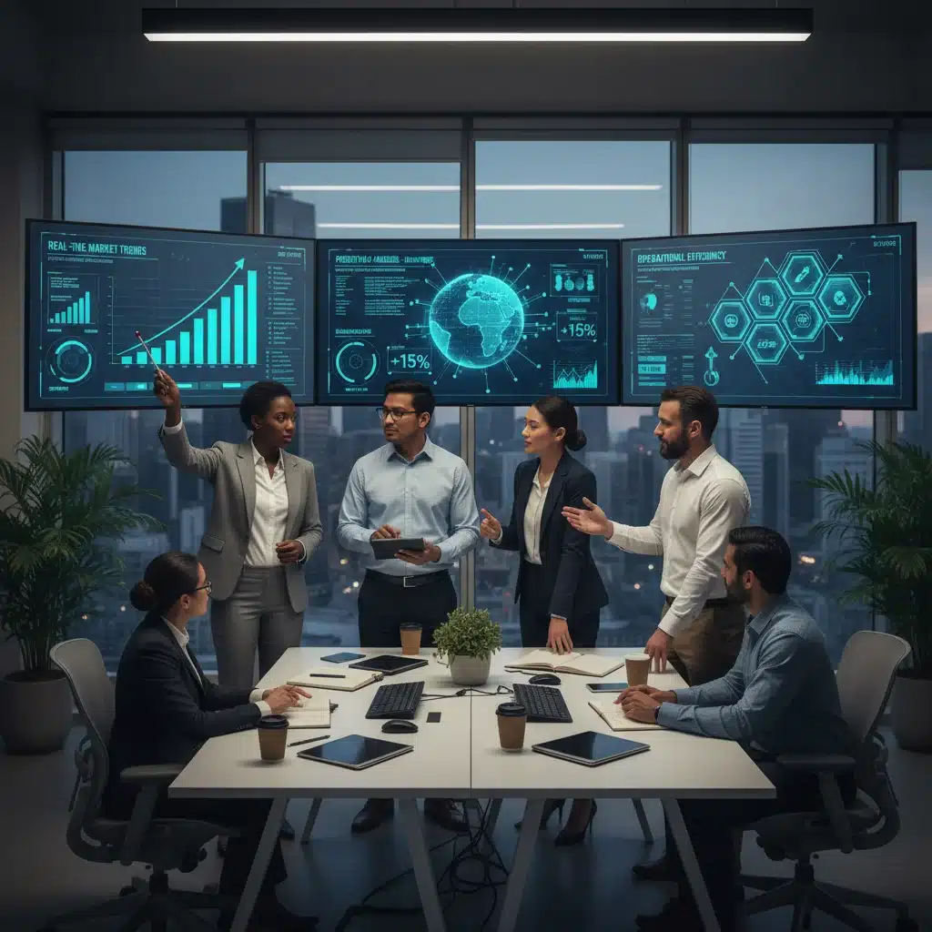Team analyzing AI-powered dashboards for real-time insights and predictive analytics