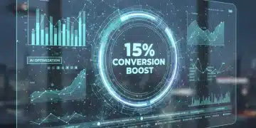 Futuristic digital interface showing a 15% conversion boost with AI integration