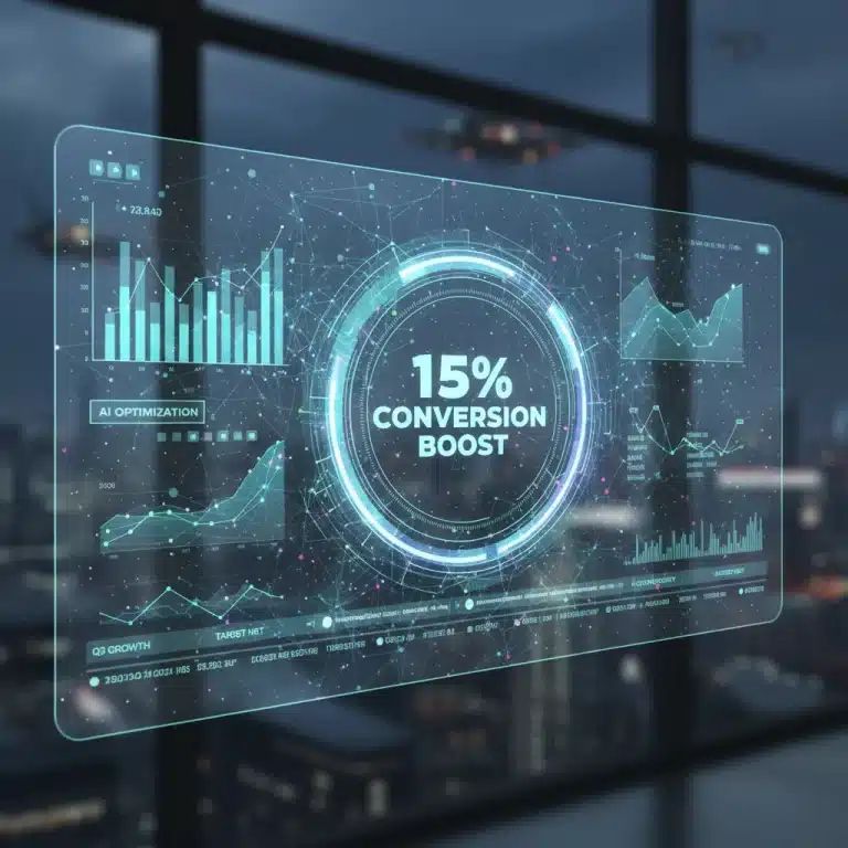 Futuristic digital interface showing a 15% conversion boost with AI integration