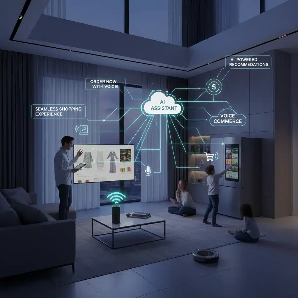 Smart home devices and AI assistants illustrating ambient commerce and voice search integration in future consumer journeys.