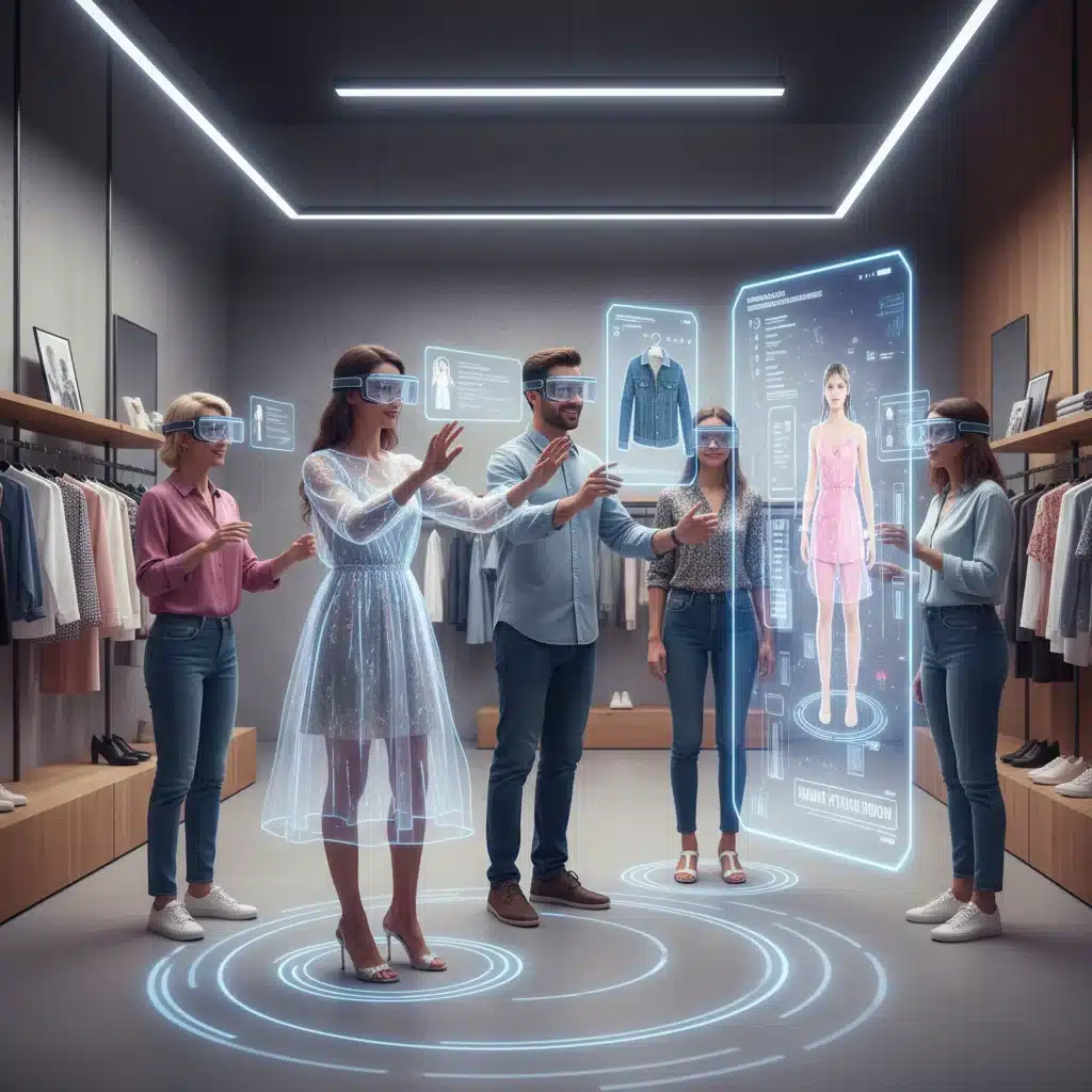 Consumers using augmented reality in a retail environment for virtual try-ons and personalized shopping experiences.