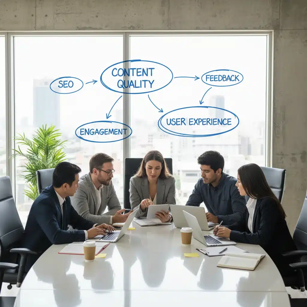 Business professionals discussing content quality and user experience strategies