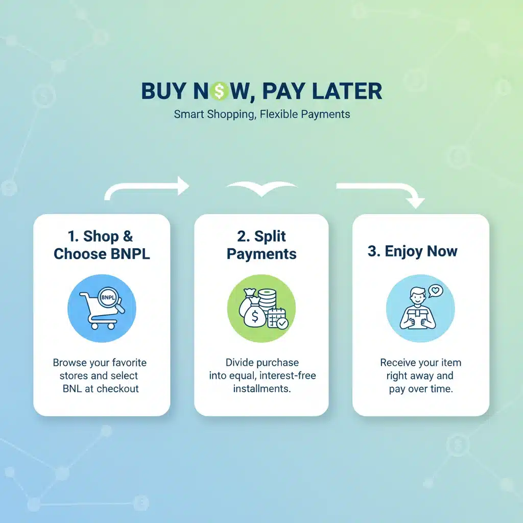 Infographic explaining the Buy Now, Pay Later payment model with icons.