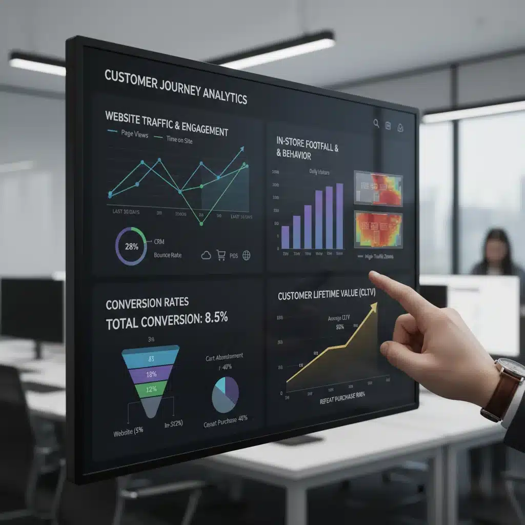 Data analytics dashboard showing integrated customer journey metrics and rising sales trends.