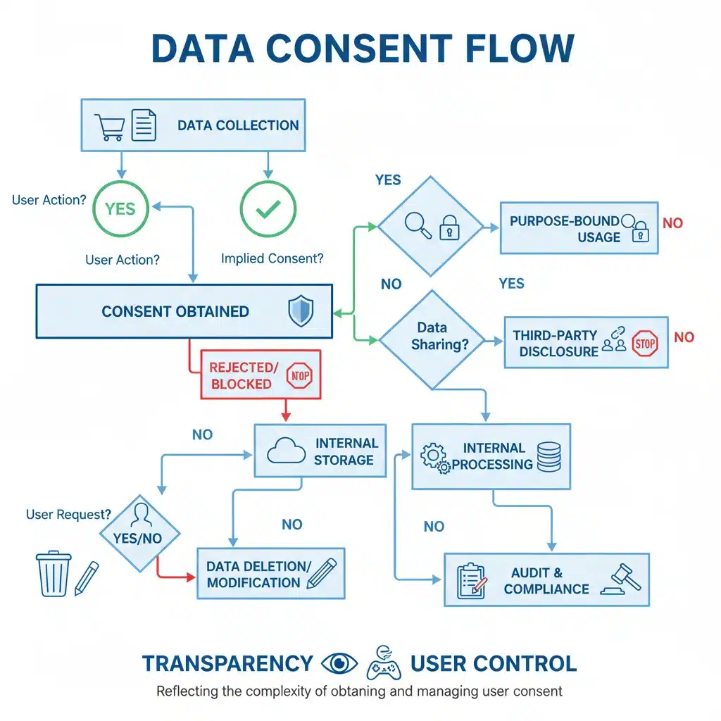 Flowchart illustrating data consent processes from collection to usage, emphasizing user control and transparency in digital marketing.