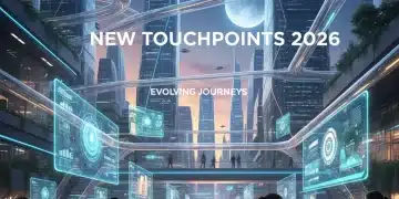 Futuristic digital pathways illustrating the evolving customer journey in 2026, with people interacting with advanced technology.