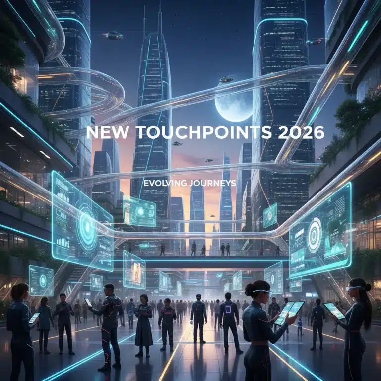 Futuristic digital pathways illustrating the evolving customer journey in 2026, with people interacting with advanced technology.