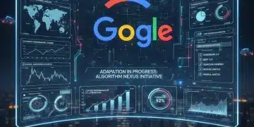 Futuristic digital marketing dashboard with Google logo, representing algorithm adaptation