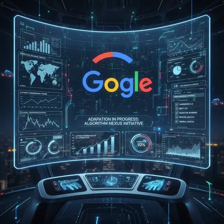 Futuristic digital marketing dashboard with Google logo, representing algorithm adaptation