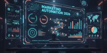 Futuristic marketing automation dashboard with AI insights and customer journey mapping for 2026.