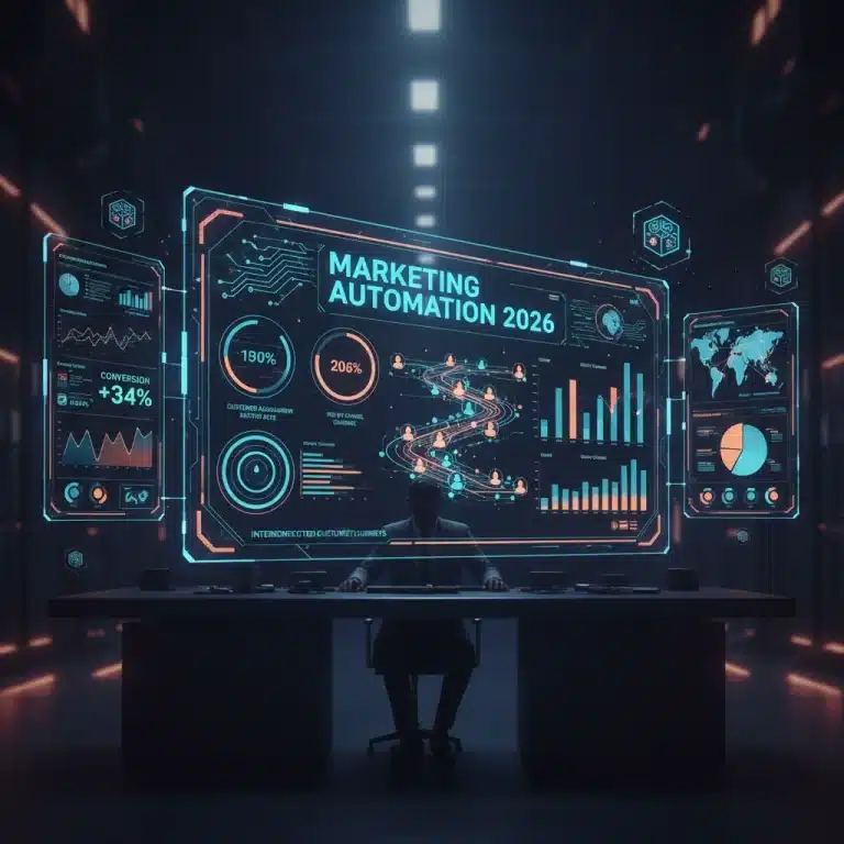Futuristic marketing automation dashboard with AI insights and customer journey mapping for 2026.