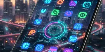 Futuristic mobile phone with enhanced app features and dynamic user interface