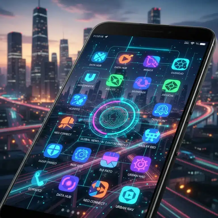 Futuristic mobile phone with enhanced app features and dynamic user interface