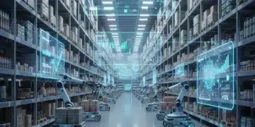Futuristic retail warehouse with predictive analytics display