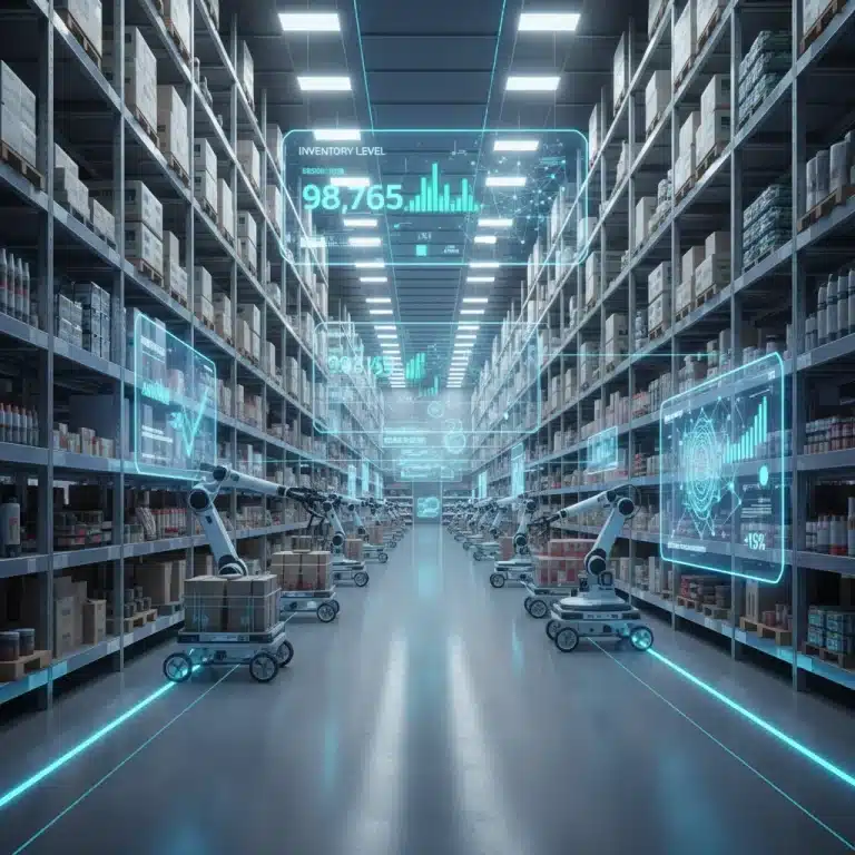 Futuristic retail warehouse with predictive analytics display
