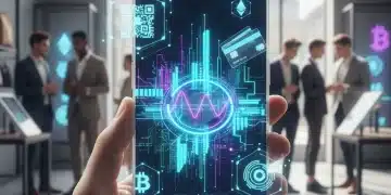Smartphone displaying a digital wallet with various payment options and a futuristic retail background.