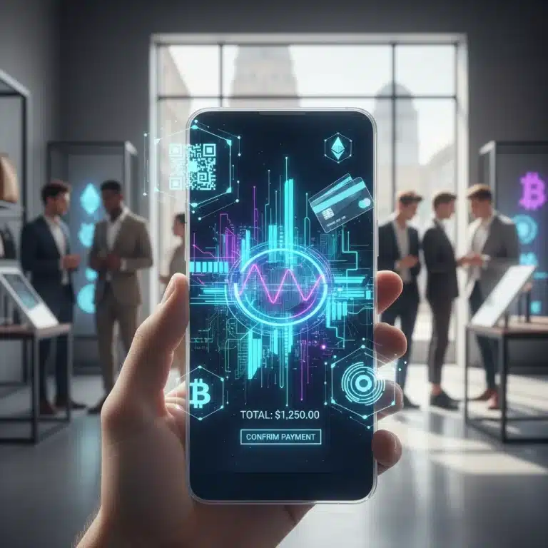 Smartphone displaying a digital wallet with various payment options and a futuristic retail background.