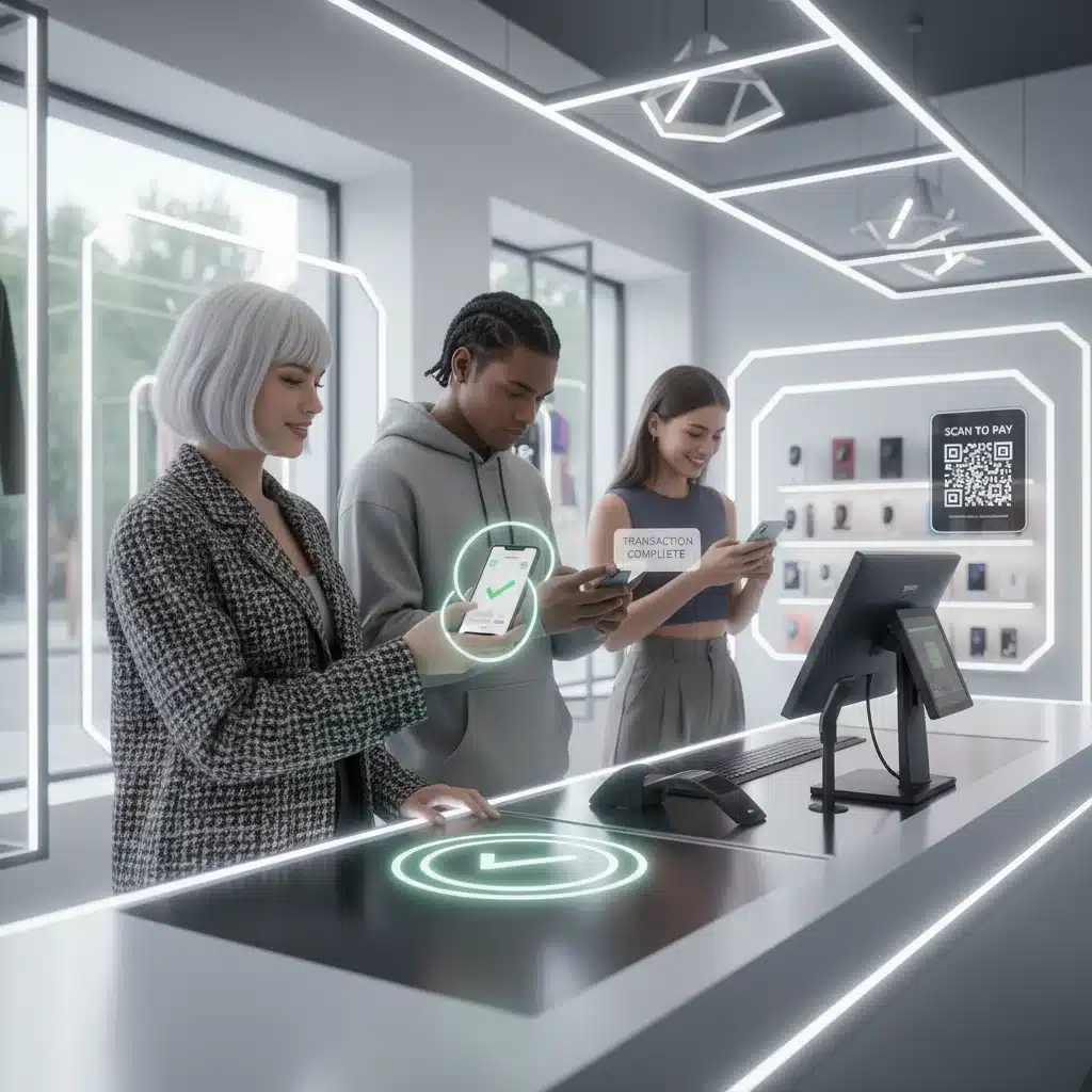 Gen Z consumers using mobile payment apps at a modern retail checkout.